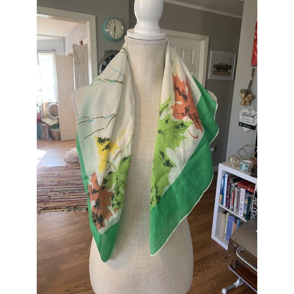 Vtg Fall Leaves Chiffon Square Scarf Hand rolled/sewn Edges 31